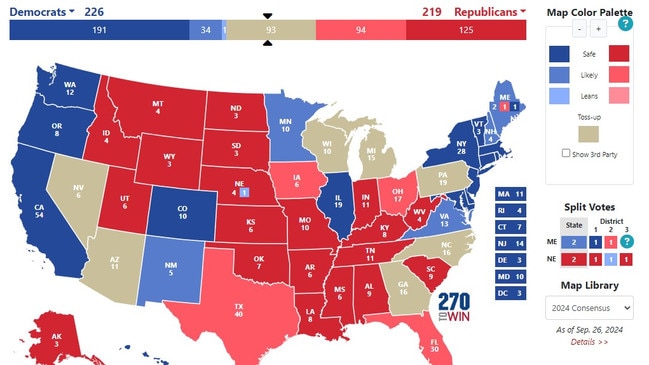 A map showing which states are likely to vote for Republicans and Democrats. Picture: 270towin