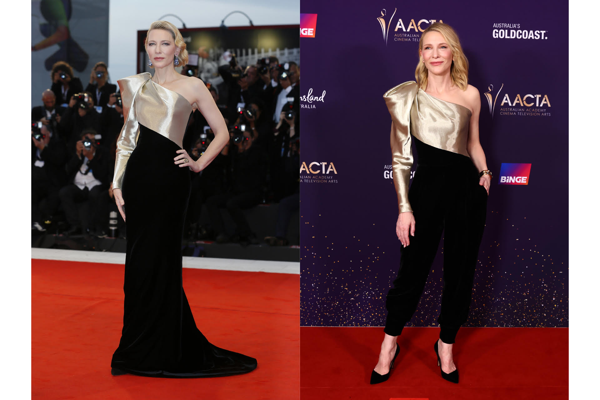 <p><strong>Armani Priv&eacute; at the 2018 Venice Film Festival and the 2024 AACTA Awards</strong></p><p>First worn by Blanchett as an off-the-runway Amarni Priv&eacute; gown to the Suspiria premiere in 2018, the actress upcycled the look for this year&rsquo;s AACTA red carpet&mdash;turning the dress into a chic jumpsuit while keeping the gold lurex one-shouldered detail that proves the '80s is always in.</p>