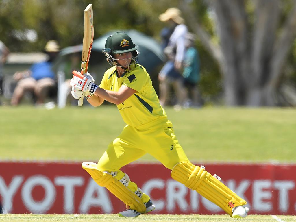 Beth Mooney batting against India at Great Barrier Reef Arena in 2021, the venue also has a history of hosting women’s international cricket. Picture: Albert Perez/Getty Images