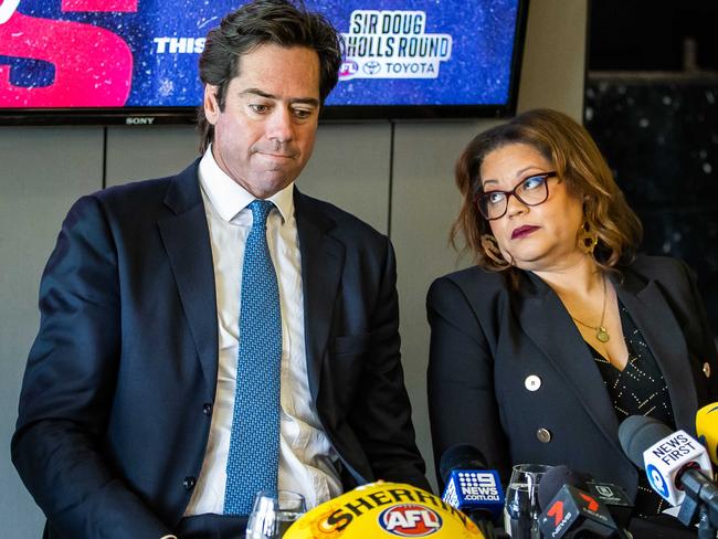 Port Adelaide's Lachie Jones, AFL CEO Gillon McLachlan, AFL Executive Manager Inclusion, Social Policy Tanya Hosch and Adelaide's Wayne Milera, ahead of Indigenous Round, pictured on May 16th, 2022, at Adelaide Oval.Picture: Tom Huntley