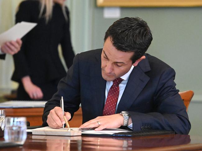 BRISBANE, AUSTRALIA - NewsWire Photos OCTOBER 28, 2024:  Government Swearing in at Government House. New premier of Queensland David Crisafulli and  Excellency the Honourable Dr Jeannette Young AC PSM. Picture: NewsWire / John Gass