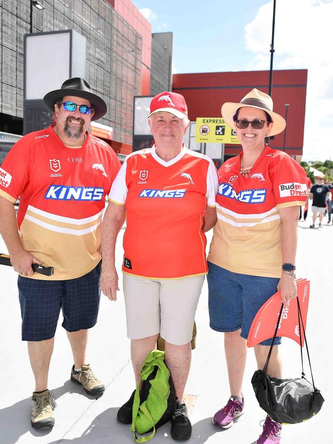 Bradley Pring, Debra McInnes and Lisa Pring at Roosters V Dolphins, Suncorp Stadium. Picture: Patrick Woods.
