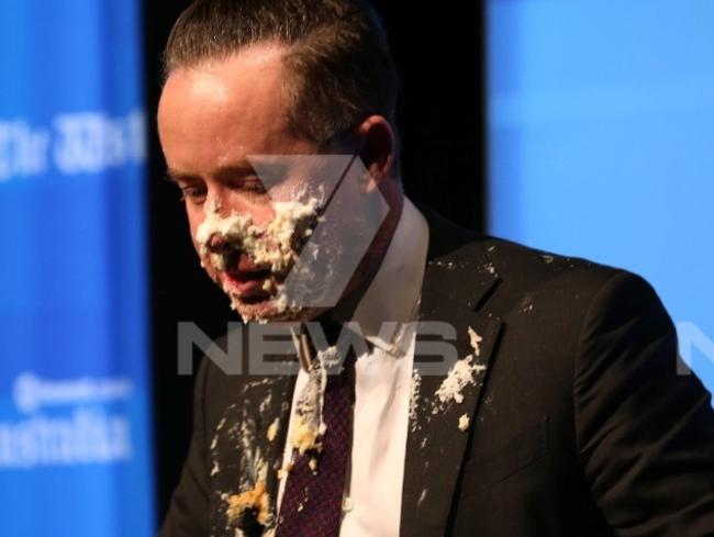 Alan Joyce after being attacked with a cream pie. Picture: 7 News