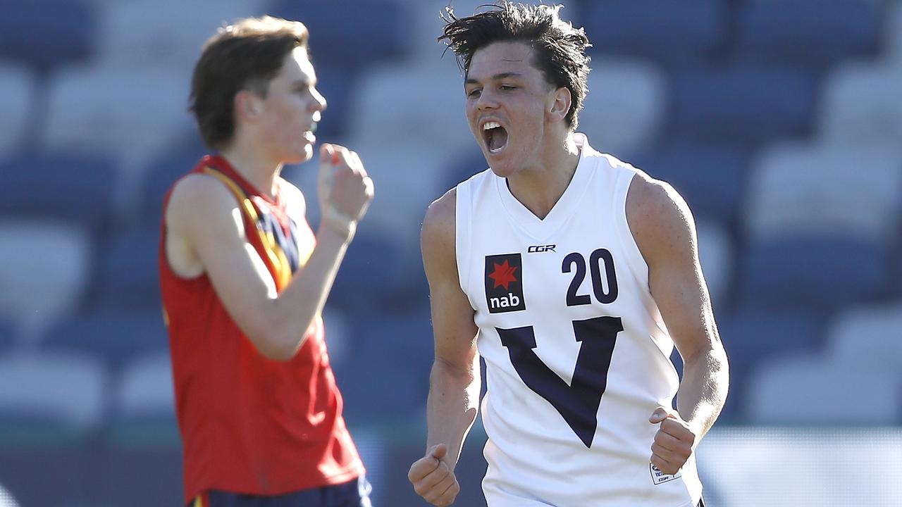 Hollands celebrates a goal for Vic Country. Picture: Dylan Burns/AFL Photos via Getty Images