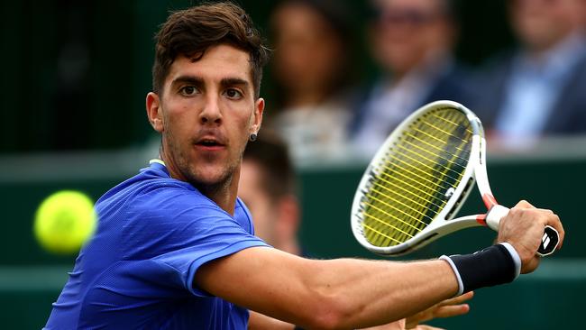 STOKE POGES, ENGLAND — JULY 01: Thanasi Kokkinakis of Australia hits a backhand during his match against Damir Dzumhur of Bosnia and Herzegovina day five of The Boodles Tennis Event at Stoke Park on July 1, 2017 in Stoke Poges, England. (Photo by Ben Hoskins/Getty Images)