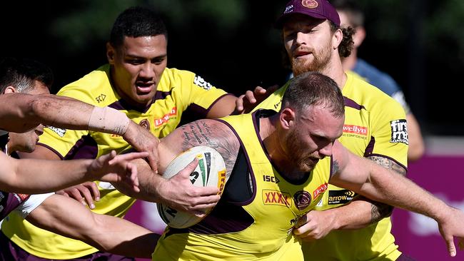 Matt Lodge takes on the defence during a training session. Photo: Getty Images