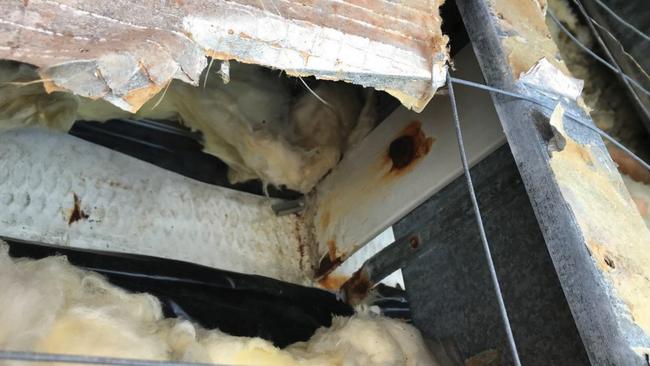 Roof damage above the 25-metre lap pool at the Doone Kennedy Hobart Aquatic Centre. The Hobart City Council, which owns and manages the facility, is calling for $7m in federal funding to fix the roof of the centre. Picture: Supplied