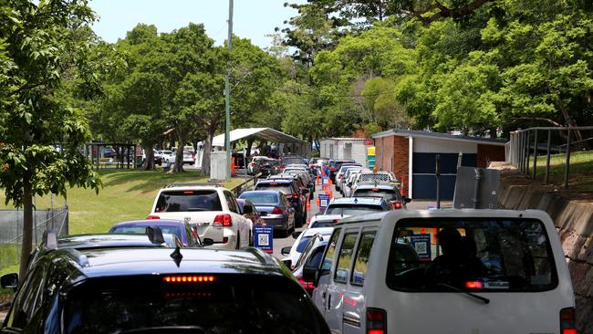 Covid testing lines at the Sullivan Nicolaides drive-through testing clinic on Wednesday. Picture: David Clark