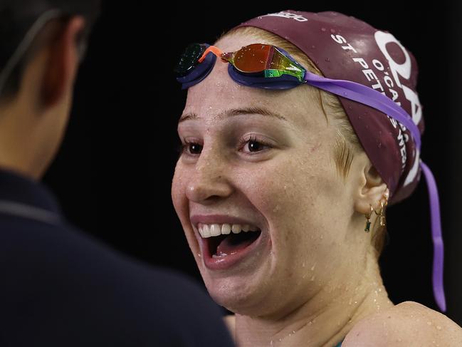 MELBOURNE, AUSTRALIA - JUNE 15: Mollie O'Callaghan of Australia reacts after winning the Women's 200m Freestyle Final during day three of the Australian 2023 World Swimming Championship Trials at Melbourne Sports and Aquatic Centre on June 15, 2023 in Melbourne, Australia. (Photo by Daniel Pockett/Getty Images)