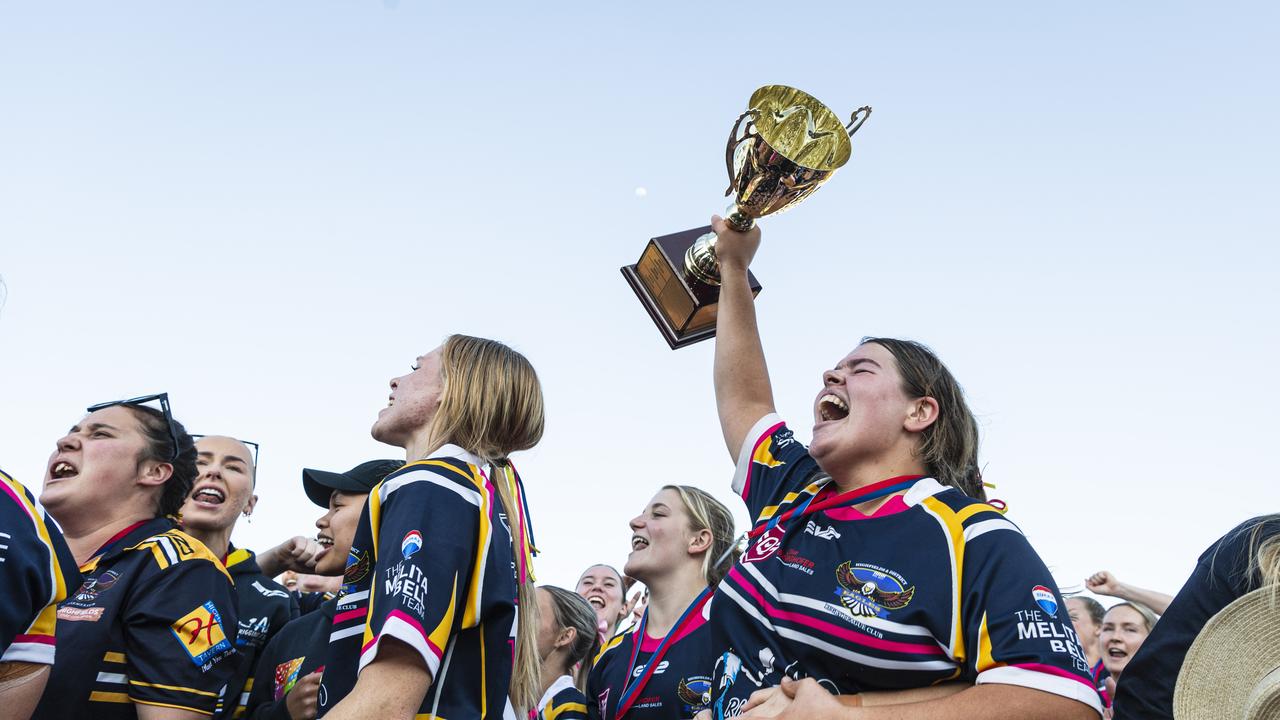 Highfields captain Katelyn Collie celebrate her team winning TRL Women women’s grand final. Picture: Kevin Farmer