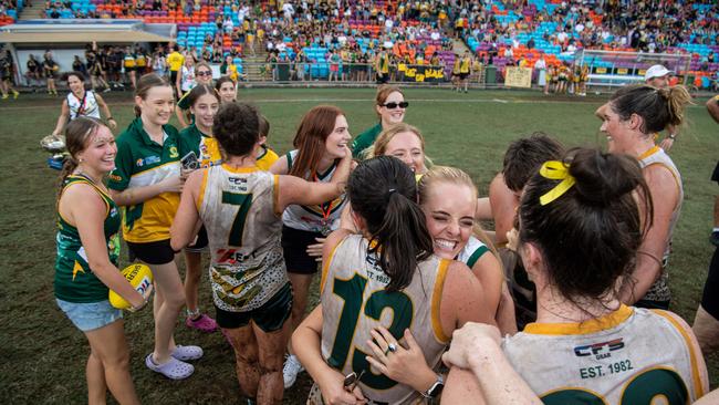 PINT celebrate their win in the 2023-24 NTFL Women's Grand Final between against St Mary's. Picture: Pema Tamang Pakhrin