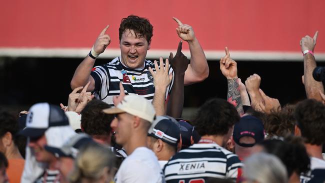 27/8/23: Brothers celebrate their victory after the Wests vs. Brothers match, QRU club Premier Rugby Grand Final, at Ballymore, Brisbane. pic: Lyndon Mechielsen/Courier Mail