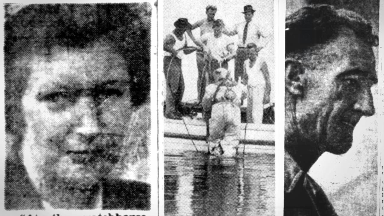 Jean Baker, the mistress of Edward Scully; divers search for Caroline Scully’s body; and Edward Scully after his arrest in Brisbane. Pictures: Trove