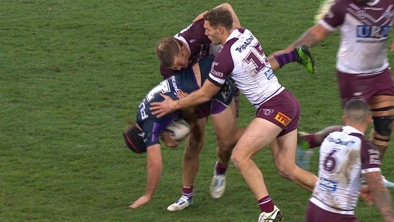 Jake Trbojevic lifts Jahrome Hughes in an ugly tackle.