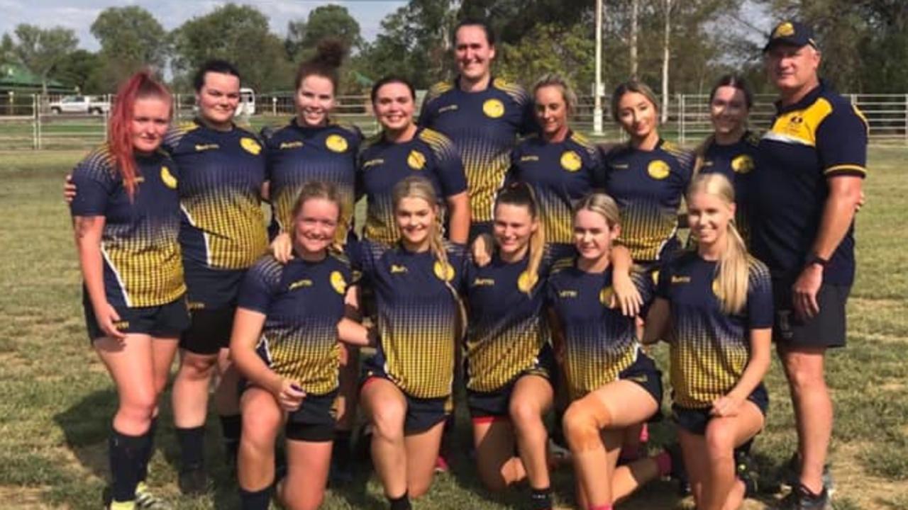 Gympie Hammers women's Roma 7s side – (back, from left) Sez Collins, Taylor Bell, Ella Findlay, Teah Nugent, Annalise Grott, Peta Dray, Georgina Hajje, Lily Steel and Glenn Gamble (coach). (front) Dillyn Blackburn, Caitlin Urwin, Jemma Lee, Paris Petersen and Allie Salter.