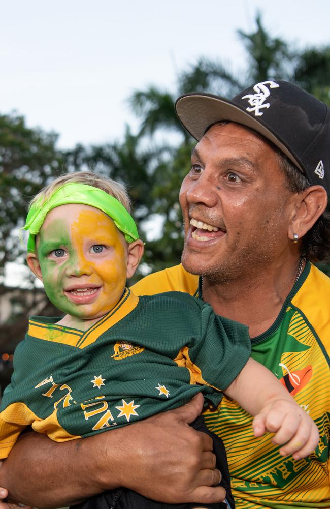 Elliot Sutton and Kenny Sutton as thousands of fans gather to watch the Matildas take on England in the World Cup Semifinal at Darwin Waterfront. Picture: Pema Tamang Pakhrin