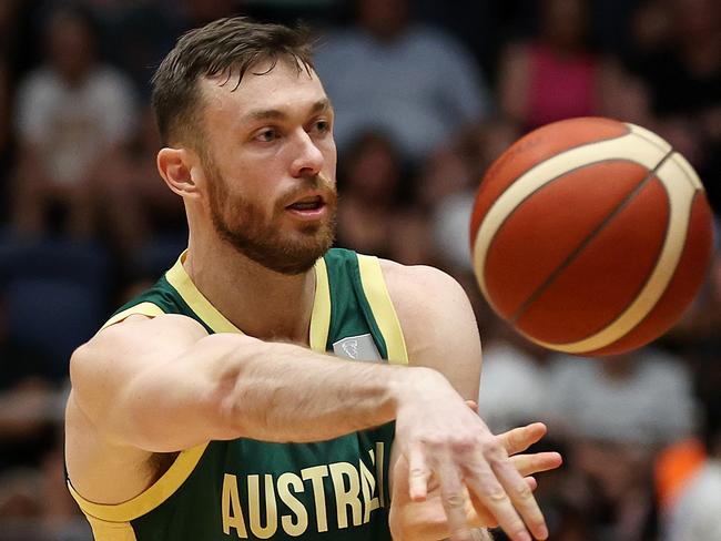 BENDIGO, AUSTRALIA - FEBRUARY 22: Nick Kay of Australia passes the ball during the FIBA Asia Cup 2025 Qualifying match between Australia Boomers and Korea at Red Energy Arena on February 22, 2024 in Bendigo, Australia. (Photo by Daniel Pockett/Getty Images)