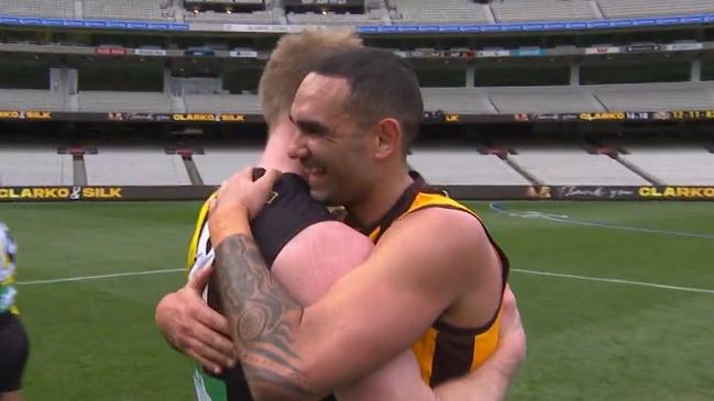 Jack Riewoldt and Shaun Burgoyne. Photo: Kayo.