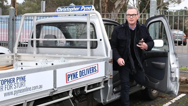 Christopher Pyne arrives to vote at Stoneyfell on election morning. Picture: Stephen Laffer