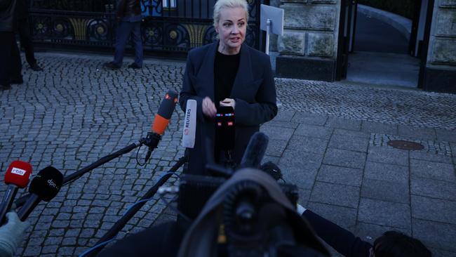 Yulia Navalnaya, widow of late Russian opposition figure Aleksei Navalny, speaks to the media outside the Russian Embassy in Berlin. Picture: Getty Images.