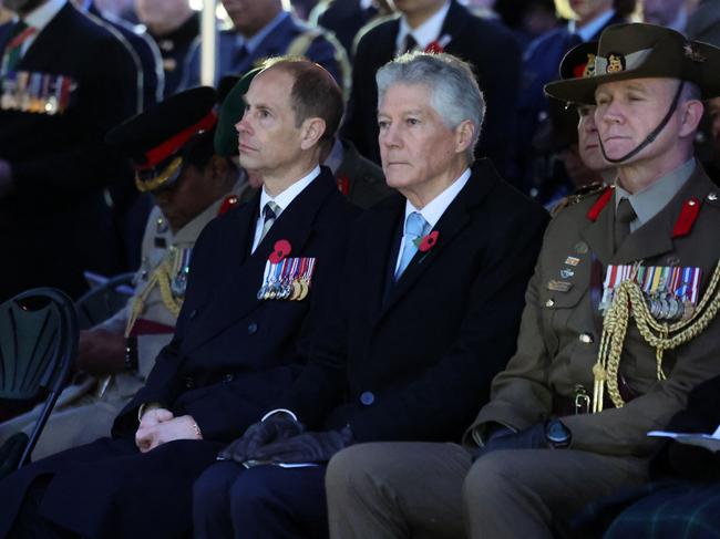 Prince Edward, Duke of Edinburgh attends the Anzac Day Dawn Service with Australian High Commissioner Stephen Smith at the New Zealand Memorial on April 25, 2024 in London. Picture: Getty Images