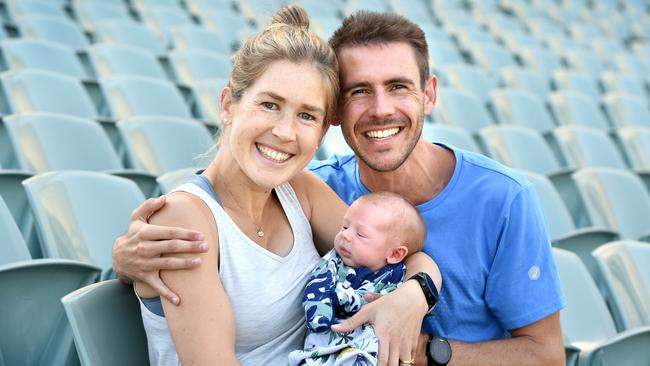 Jess with husband Dylan Stenson and baby Billy at Adelaide Oval in November. Picture: Tricia Watkinson