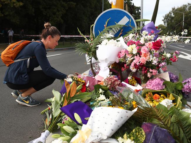 Floral tributes grow are being left near the Al Noor Mosque as locals pay tribute to those who were killed. Picture: Fiona Goodall/Getty Images