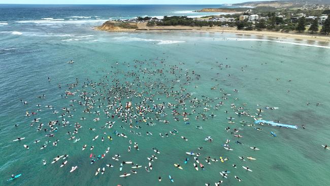 Drone photo of the Surfrider paddle out at Torquay in March, as part of the Save our Southern Seas campaign against seismic testing in Bass Strait. Picture: Supplied