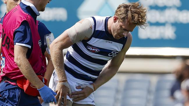 MELBOURNE , AUSTRALIA. February 22  , 2024.  AFL. Carlton vs Geelong at Princes Park.  Cameron Guthrie of the Cats after injuring his groin in the 1st minute of the game    . Pic: Michael Klein