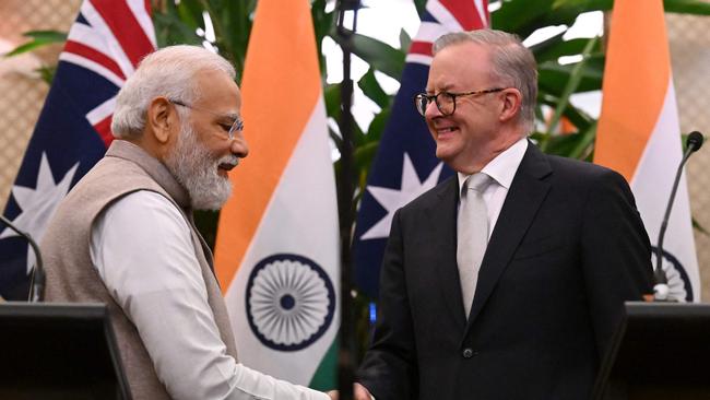 Prime Minister Anthony Albanese, right, shakes hands with India's Prime Minister Narendra Modi as they conclude their joint press conference at Admiralty House. Picture: AFP