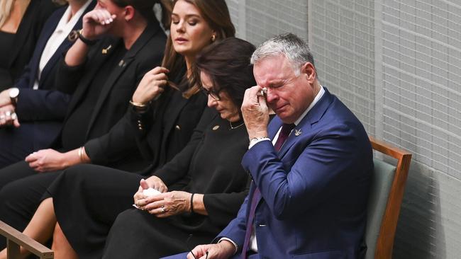 Labor veteran Joel Fitzgibbon and his family during a condolence motion in parliament on Thursday. Picture: NCA NewsWire / Martin Ollman