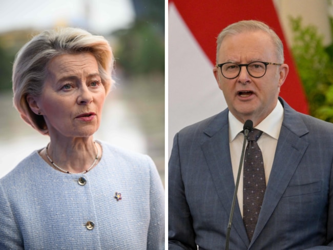 European Commission president Ursula Von der Leyen and Prime Minister Anthony Albanese will meet on Sunday. Pictures: AFP
