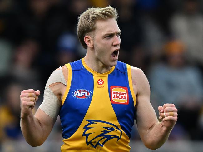 HOBART, AUSTRALIA - AUGUST 10: Oscar Allen of the Eagles celebrates a goal during the round 22 AFL match between North Melbourne Kangaroos and West Coast Eagles at Blundstone Arena, on August 10, 2024, in Hobart, Australia. (Photo by Steve Bell/Getty Images)