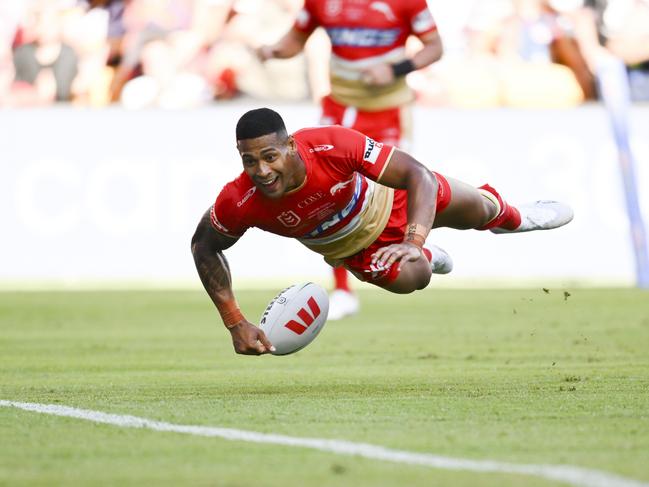 Jamayne Isaako of the Dolphins scores a try during the round one NRL match between the Dolphins and Sydney Roosters at Suncorp Stadium on March 05, 2023 in Brisbane, Australia. Picture: NRL Photos