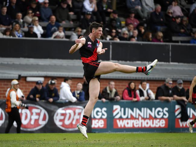 Will Hoare thumps a clearing kick for Pascoe Vale in this year’s Essendon District league grand final against Keilor at Windy Hill, Essendon. Picture: Andrew Batsch