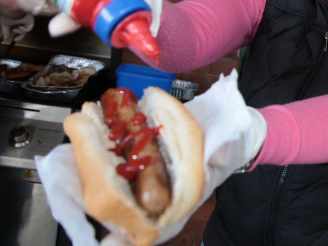 Pictures of people voting in the seat of Hume at Camden Public School. School P and C member Jane Donnelly helps with the sausage sizzle.