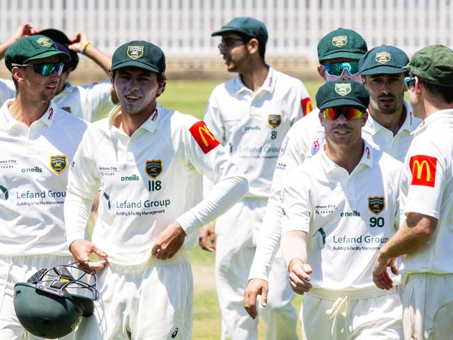 David Warner leaves the field for lunch during a club cricket game at Pratten Park, Ashfield Pic Jenny Evans