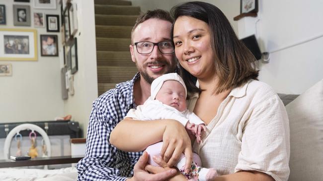 New parents Ryan and Amy Field at home with their 5 week old daughter Madeline in Noosaville. Picture Lachie Millard