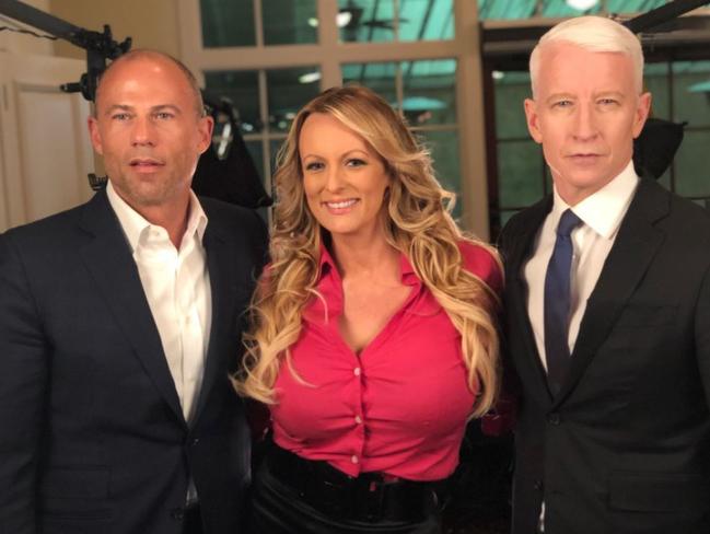 Stormy Daniels’ lawyer Michael Avenatti with Daniels and 60 Minutes correspondent Anderson Cooper. Picture: Twitter