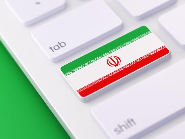 High quality 3d render of a Iranian flag keyboard button with selective focus. Iran related technology, language, education, e-commerce or hacking concept. Horizontal composition with copy space.