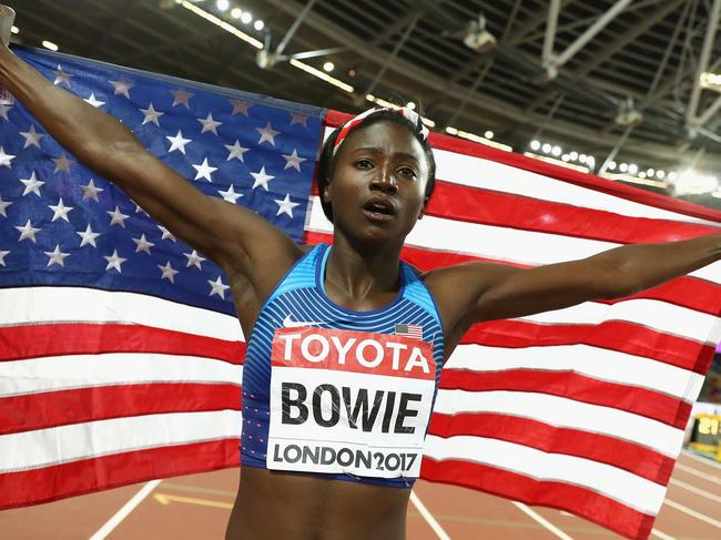 (FILE PHOTO) Olympic sprint champion Tori Bowie dies at 32 LONDON, ENGLAND - AUGUST 06:  Tori Bowie of the United States celebrates winning gold in the Women's 100 Metres Final during day three of the 16th IAAF World Athletics Championships London 2017 at The London Stadium on August 6, 2017 in London, United Kingdom.  (Photo by Patrick Smith/Getty Images)