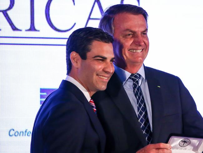 Miami Mayor Francis Suarez (l), pictured with Brazilian President Jair Bolsonaro in Miami on March 10, has tested positive for the coronavirus (COVID-19). Picture: AFP