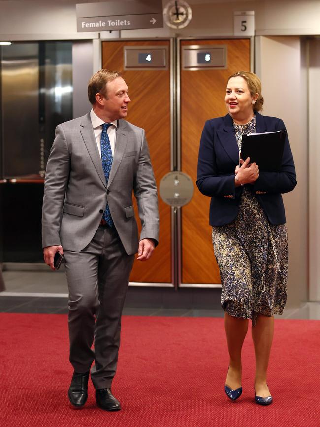 Annastacia Palaszczuk and Mr Miles arrive at a caucus meeting earlier this year. Picture: NCA NewsWire / Tertius Pickard