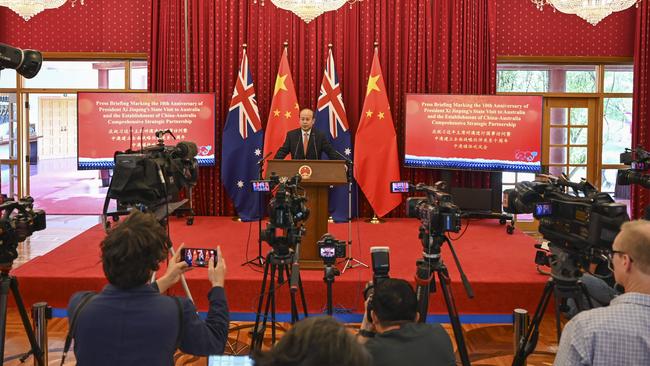 China’s ambassador to Australia Xiao Qian addresses the media at the Chinese embassy in Canberra. Picture: NewsWire / Martin Ollman