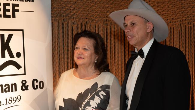 Hancock Prospecting executive chair Gina Rinehart and Hancock Agriculture chief executive Adam Giles at the Meat and Wine restaurant in Mayfair, London. Picture: Lionel Derimais