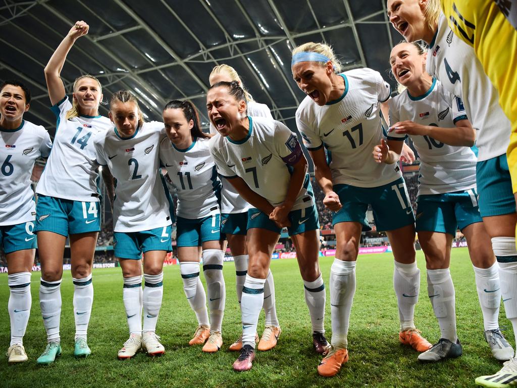 New Zealand captain Ali Riley (number 7) fires-up her teammates in a huddle prior to their game versus Switzerland. Picture: Harriet Lander/Getty Images