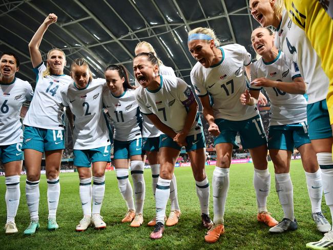 New Zealand captain Ali Riley (number 7) fires-up her teammates in a huddle prior to their game versus Switzerland. Picture: Harriet Lander/Getty Images