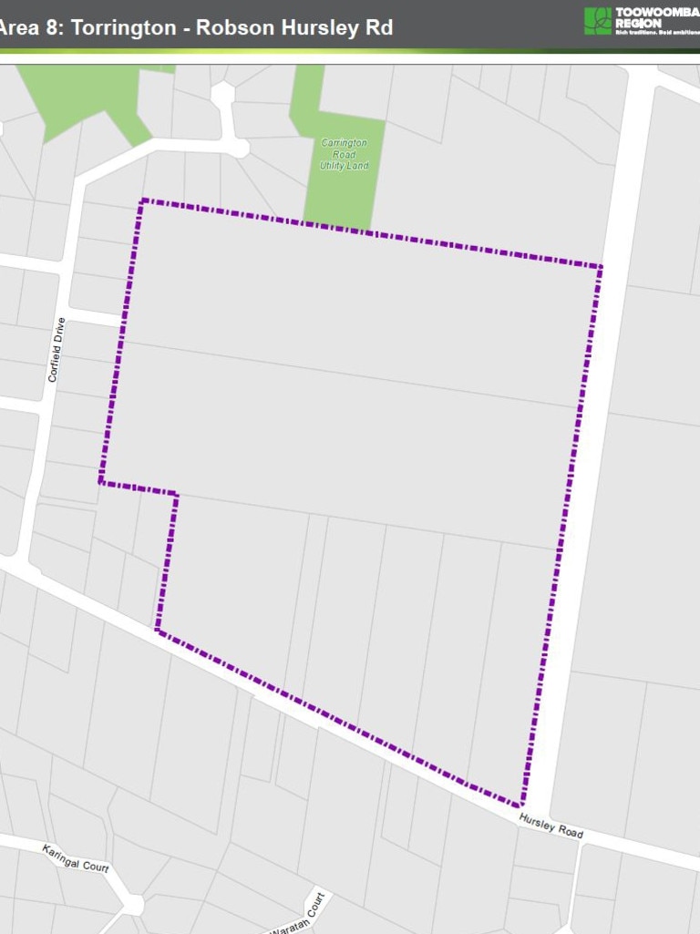 Land parcels impacted by the Toowoomba Regional Council's new temporary local planning instrument. Torrington.