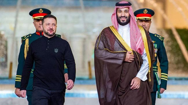 Saudi Crown Prince Mohammed bin Salman with Ukrainian President Volodymyr Zelensky at the Royal Palace in Jeddah before peace talks. Picture: AFP