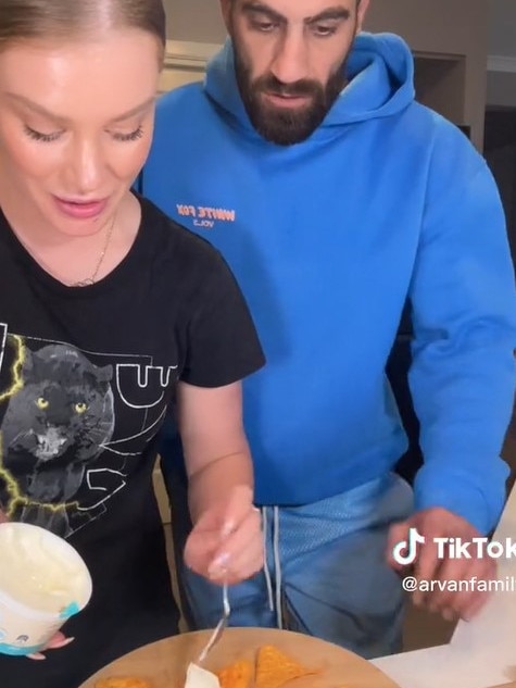 The couple tried the caviar with Doritos and creme fraiche. Picture: TikTok/Arvan Family